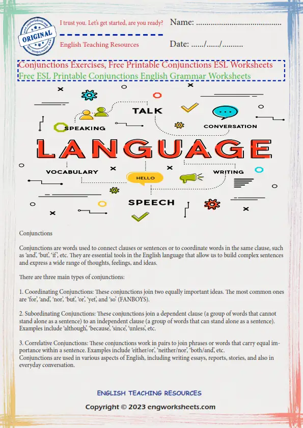 Free ESL Printable Conjunctions English Grammar Worksheets Worksheet Preview